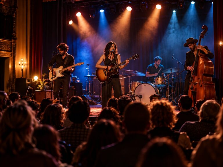 A band playing to an audience on a small stage under colorful lights.