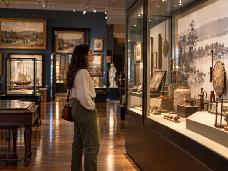 Person in museum viewing an exhibit display.